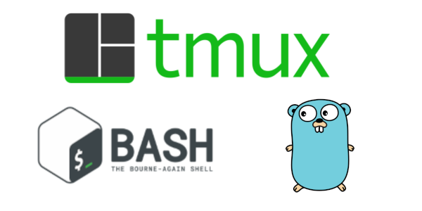 image that has the tmux logo at the top and bellow that the bash logo with an
arrow pointing to the go gopher